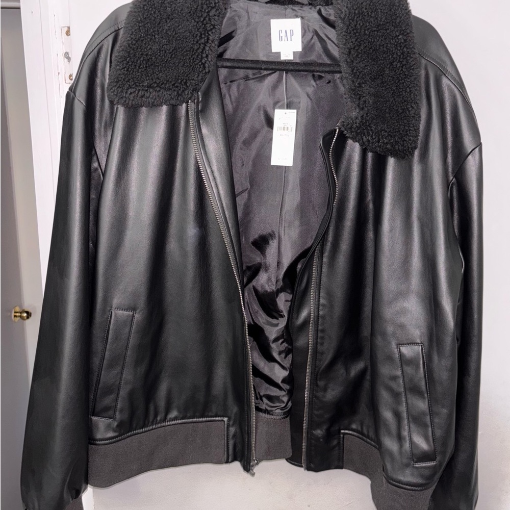 GAP Black Vegan Leather Jacket with Shearling Collar